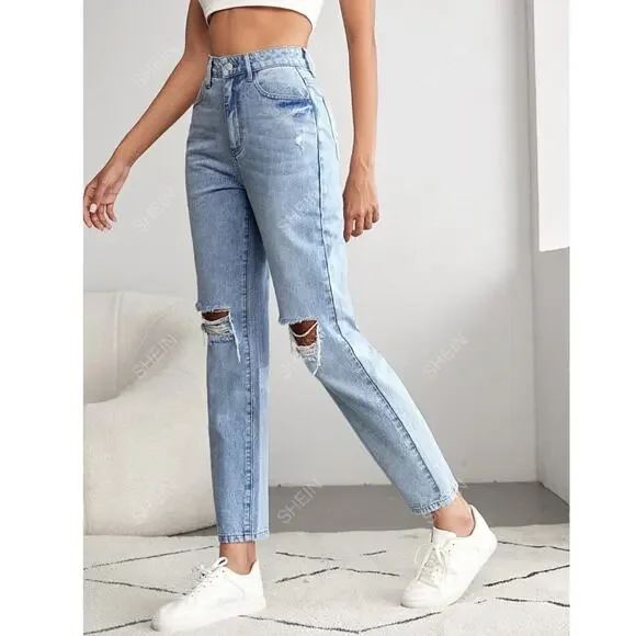 Shein Light Wash High Rise Straight Leg Mom Jeans Ripped Knee Large 30" - Picture 3 of 10